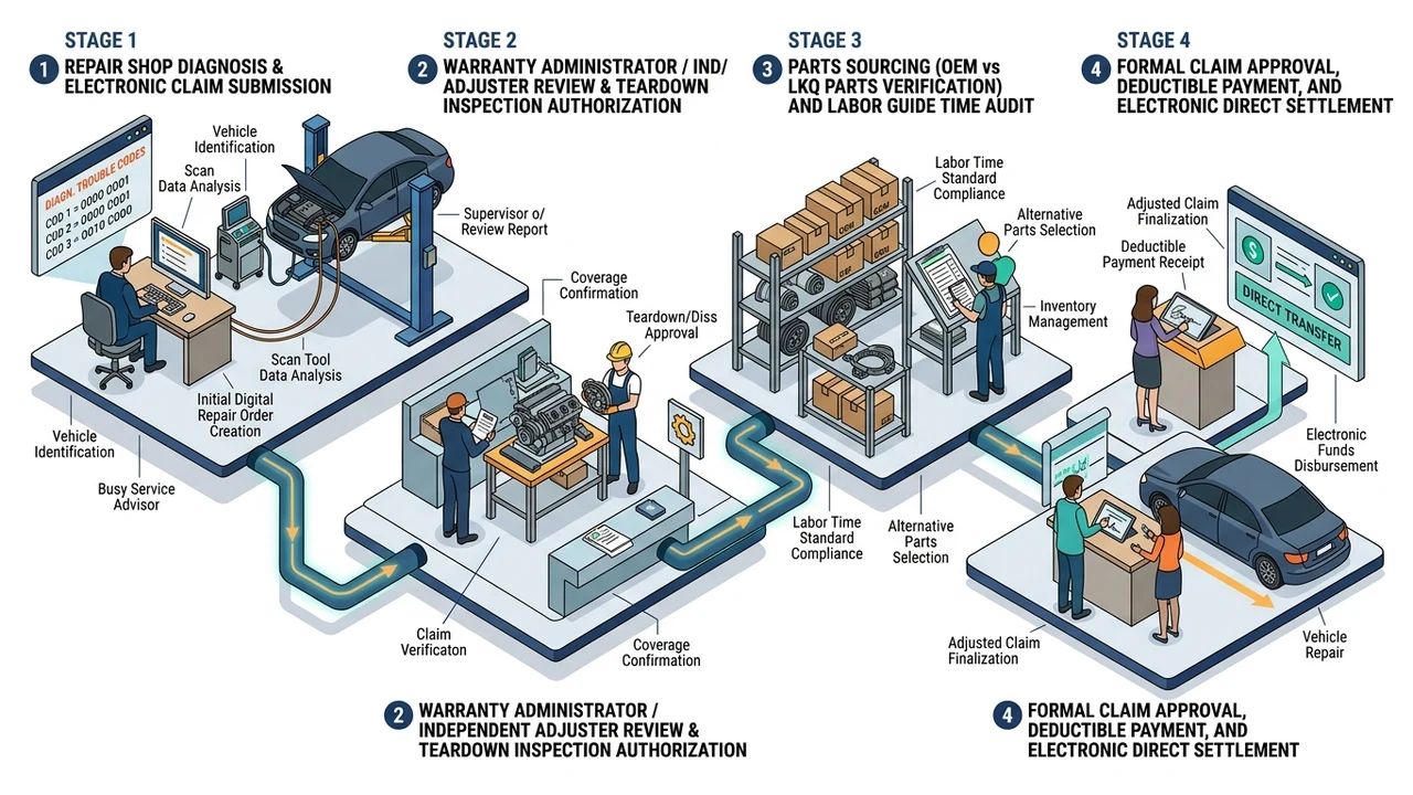 What Happens After a Repair Shop Submits a Vehicle Warranty Claim? 1 Figure 1: 3D isometric diagram mapping vehicle extended warranty claim processing steps and adjuster authorization