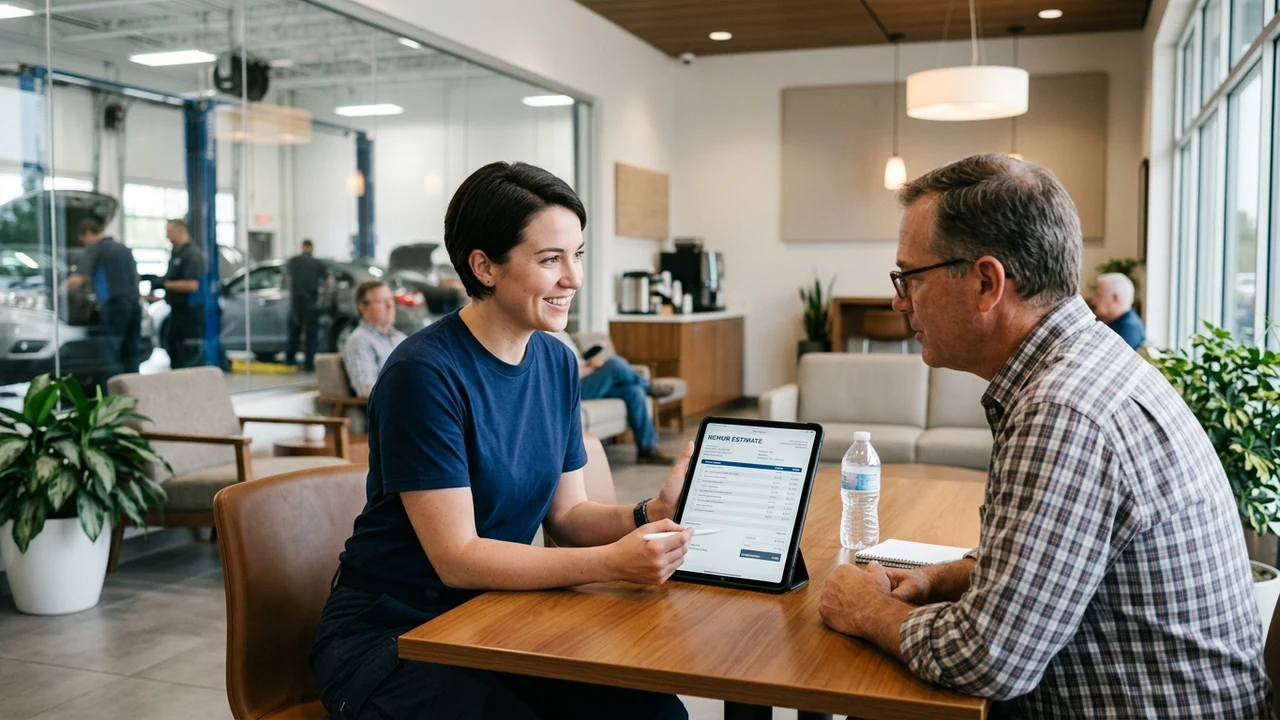What Questions Should You Ask Before Authorizing Vehicle Repairs Under a Warranty? 2 Figure 2: Service advisor in plain navy t-shirt explaining digital repair estimate on tablet to customer in customer lounge