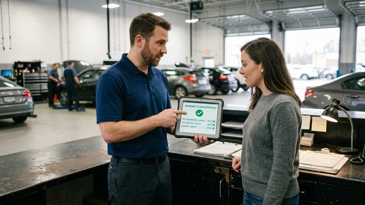What Happens After a Repair Shop Submits a Vehicle Warranty Claim? 2 Figure 2: Service advisor demonstrating approved vehicle warranty claim coverage breakdown on tablet screen