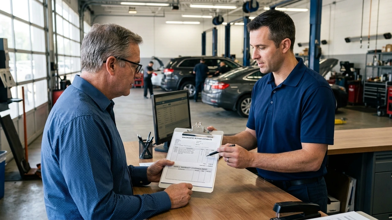 Figure 2: Service advisor and car owner reviewing detailed repair estimate line items on counter clipboard