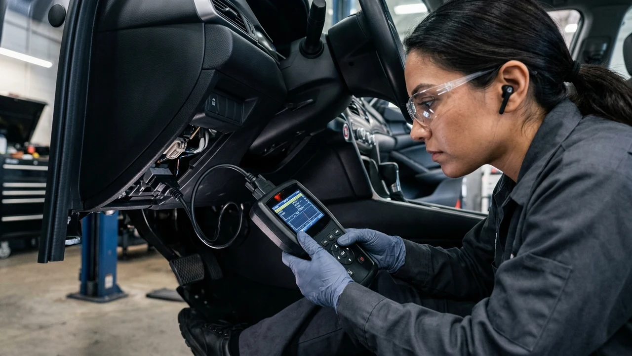 Figure 2: Diagnostic mechanic using handheld OBD2 scanner plugged into vehicle diagnostic port under dashboard