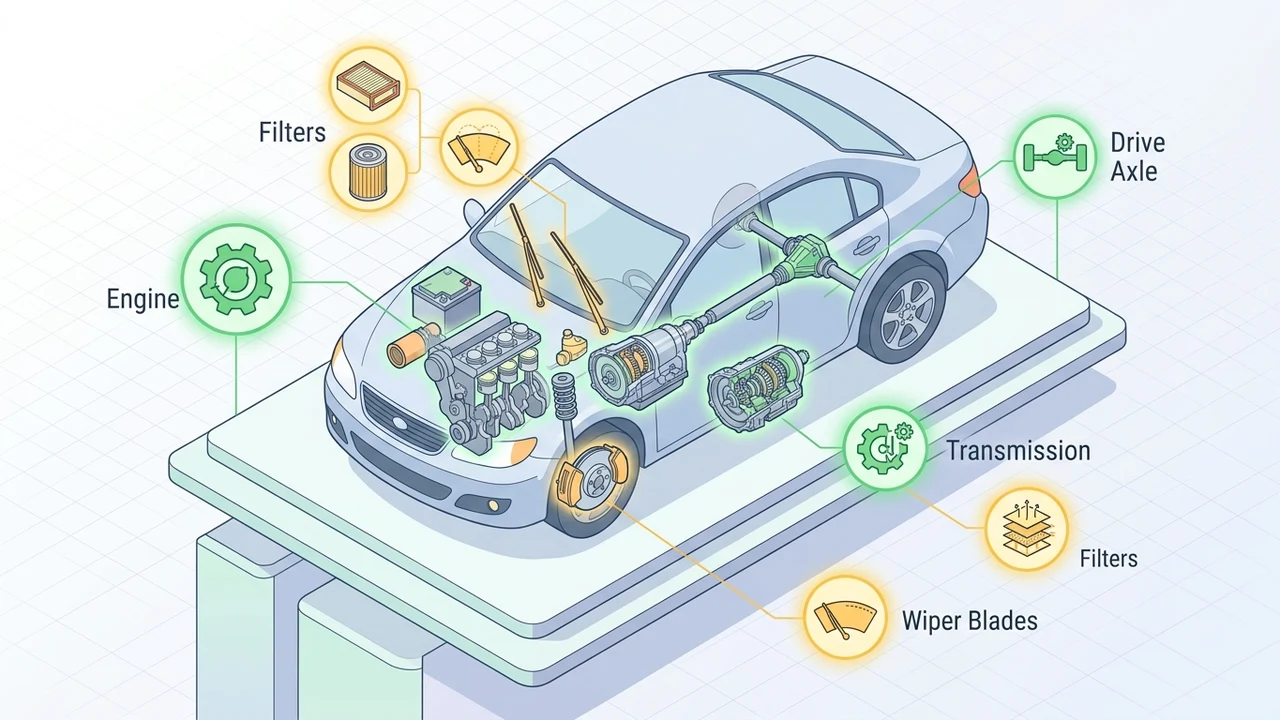 Figure 1: 3D isometric car cutaway illustrating covered warranty components in green and excluded maintenance items in orange