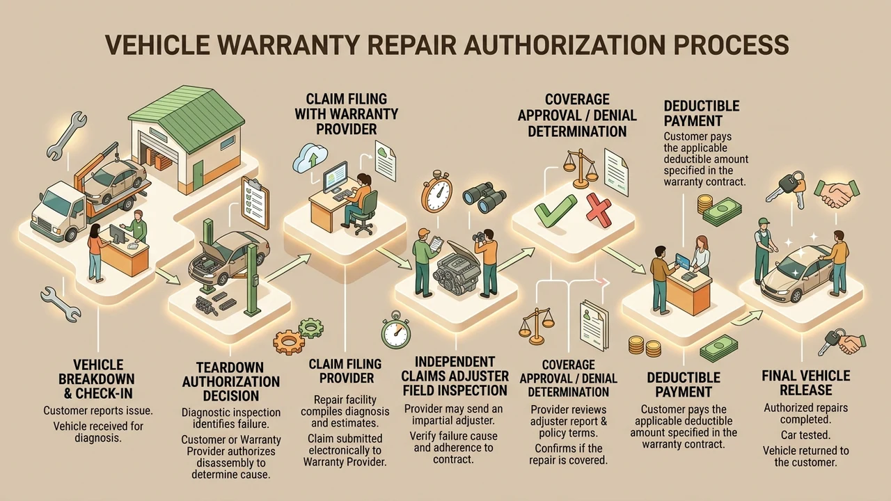 What Questions Should You Ask Before Authorizing Vehicle Repairs Under a Warranty? 1 Figure 1: 3D isometric flowchart of vehicle warranty repair authorization steps from diagnosis to adjuster inspection and claims approval