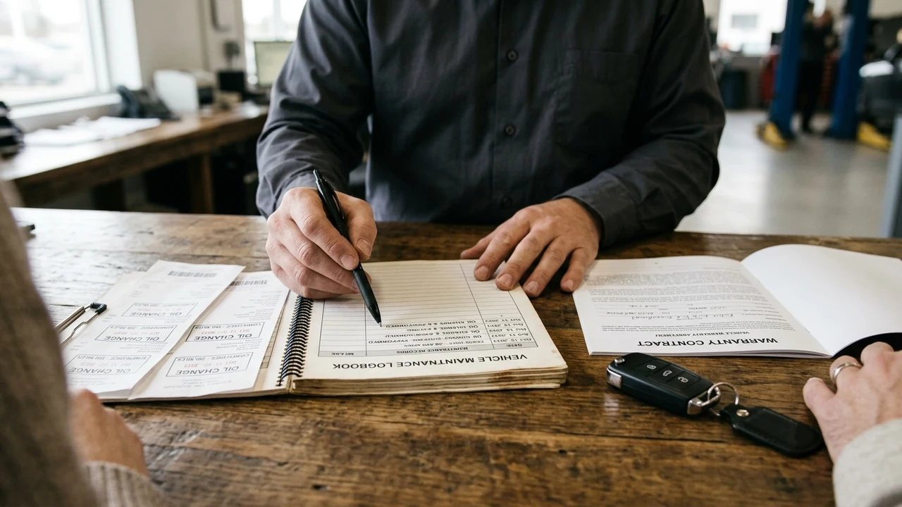How Vehicle Owners Can Prepare Before Filing a Warranty Claim 2 Figure 2: Service advisor verifying stamped oil change receipts and maintenance logbook for warranty claim