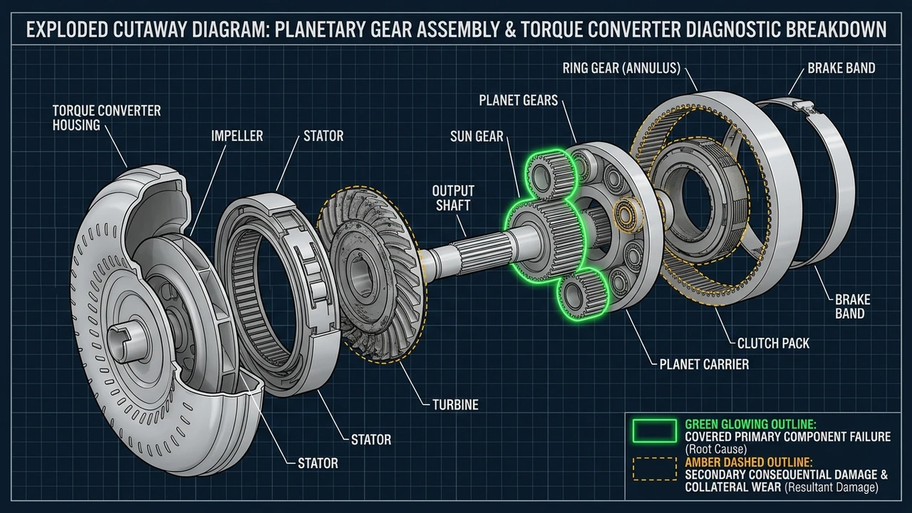 Exploded 3D cutaway of automatic transmission planetary gears detailing covered failure versus secondary damage