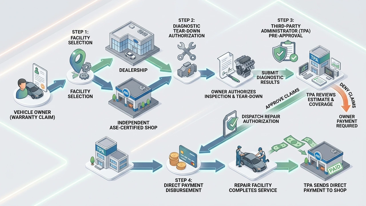 Figure 1: 3D isometric decision workflow diagram for choosing an authorized warranty repair facility