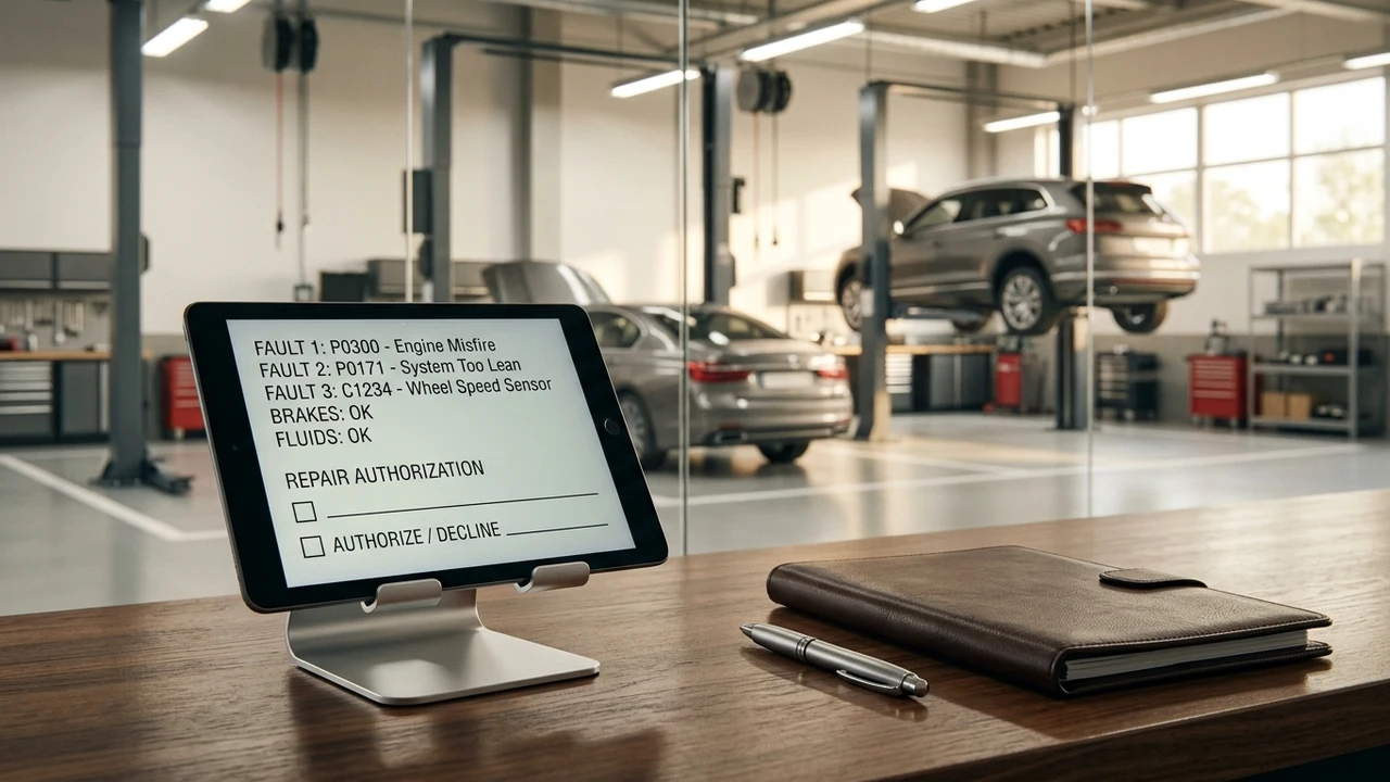 High-end automotive service reception counter with digital tablet displaying vehicle repair authorization checklist overlooking clean service bay