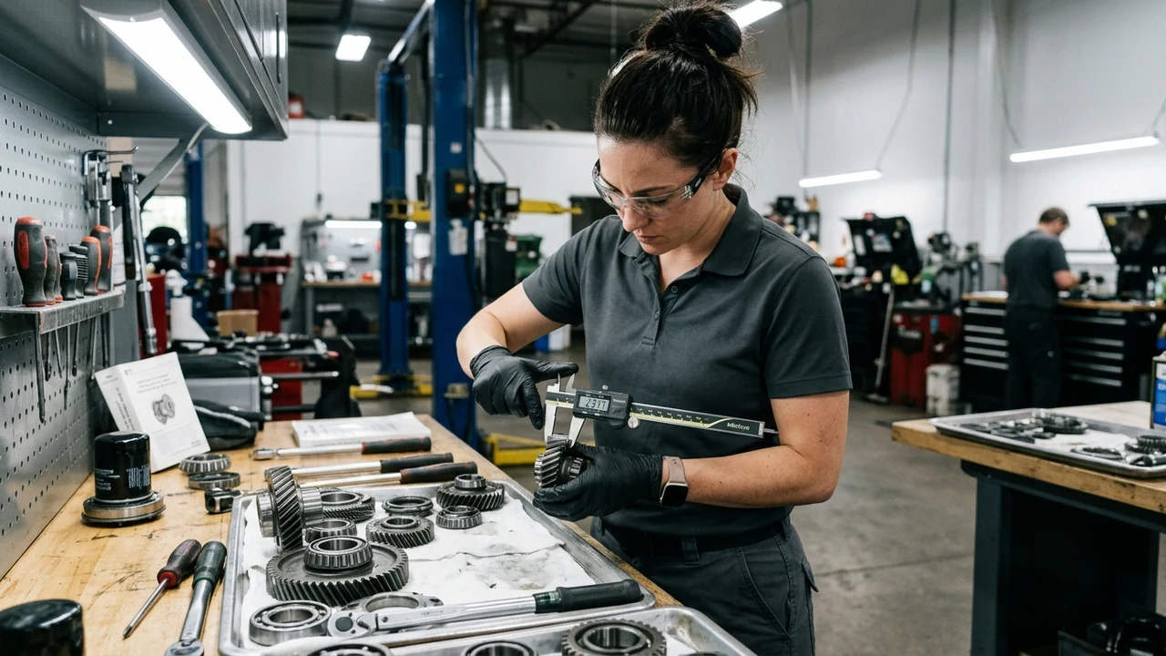 Automotive technician using digital precision calipers to measure mechanical gear wear on a disassembled transmission component