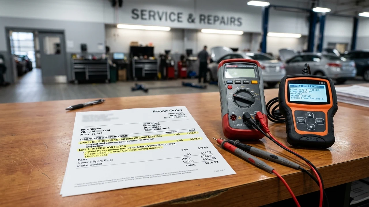 Automotive service counter still life showing an itemized repair order invoice highlighting diagnostic teardown labor hours beside a multimeter