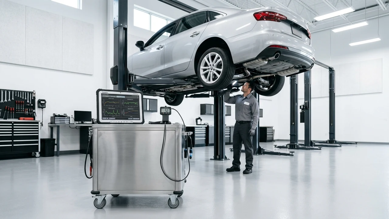 Modern automotive warranty inspection bay with vehicle raised on hydraulic lift and mobile diagnostic terminal
