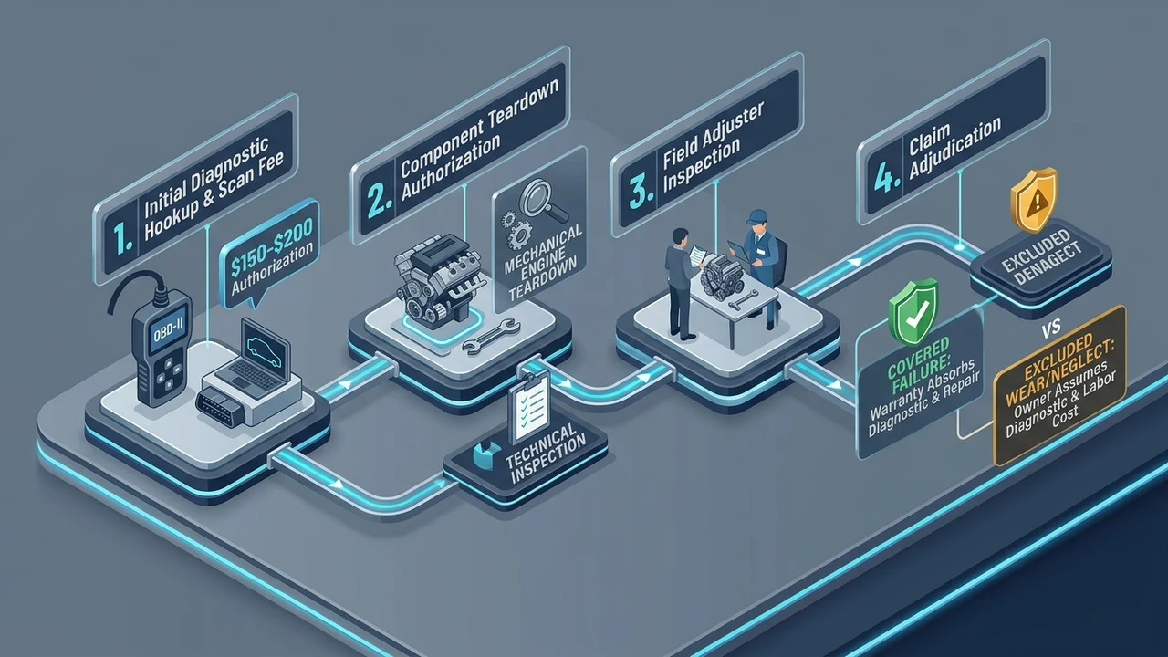 3D flowchart diagram mapping vehicle service contract diagnostic authorization, teardown inspection, and covered claim adjudication protocol