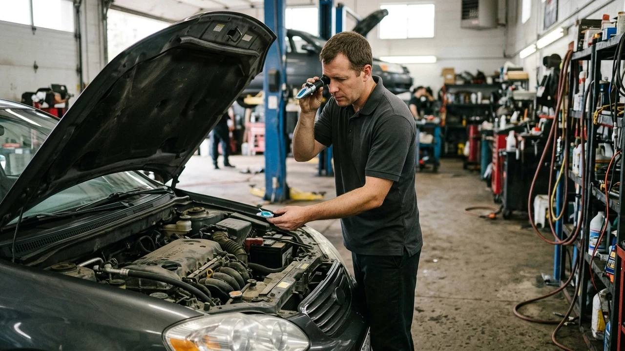 What Is a Vehicle Warranty Inspection and Why Is It Sometimes Required? 2 Independent vehicle warranty inspector in plain dark charcoal polo testing automotive fluids with an optical refractometer