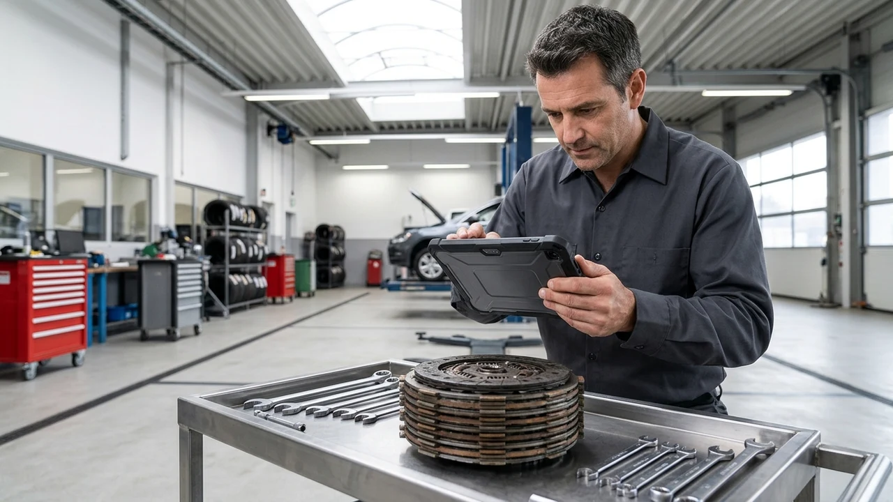 Automotive technician in plain charcoal work shirt taking high-resolution diagnostic photo of worn transmission component using rugged digital tablet in shop