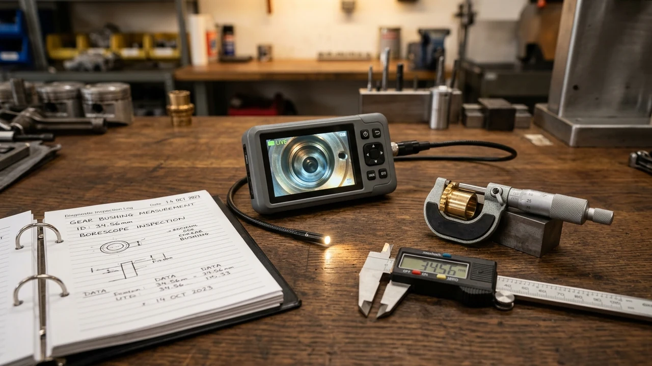 Macro close-up of an automotive precision diagnostic workbench with digital borescope screen micrometer and diagnostic inspection log