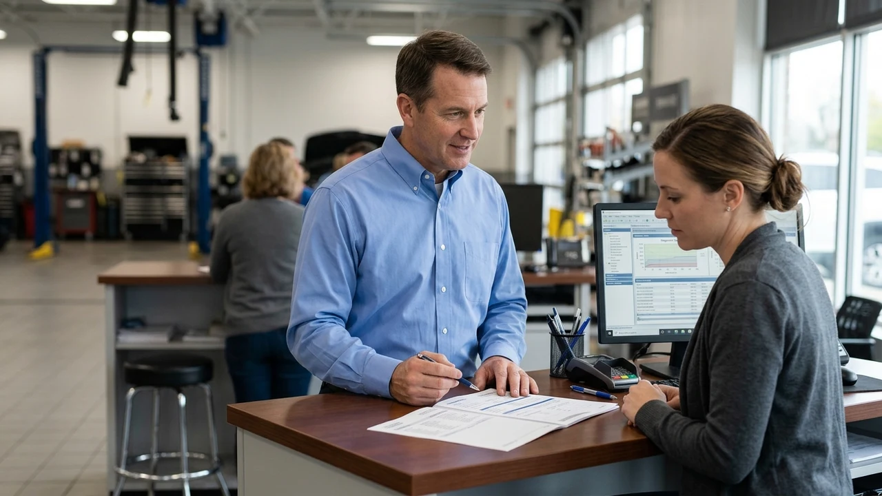 Professional service advisor explaining a vehicle diagnostic inspection report and repair estimate to a vehicle customer across a service desk