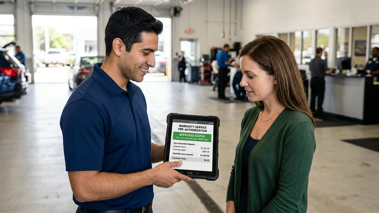 Why Do Vehicle Warranty Companies Require Pre-Authorization Before Repairs? 2 Figure 2: Service advisor in dealership drive presenting approved warranty pre-authorization code on digital tablet