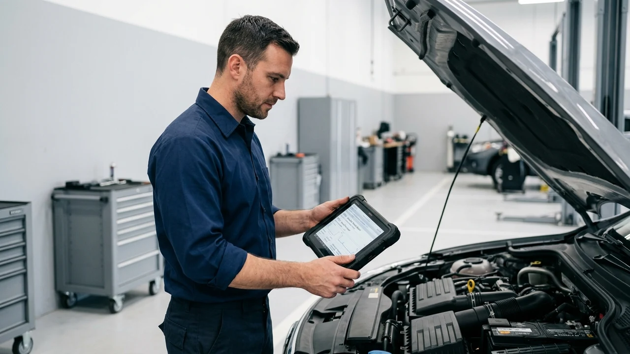 What Information Does a Repair Shop Need to Submit a Warranty Claim? 2 Automotive service advisor in plain navy work shirt reviewing diagnostic trouble code freeze-frame parameters on a tablet next to an open hood