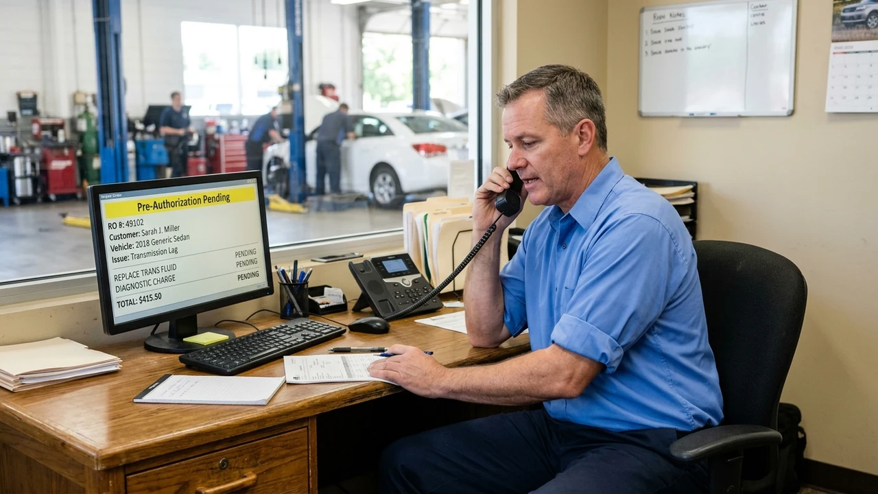 Service manager on office telephone reviewing digital warranty pre-authorization claim on computer screen