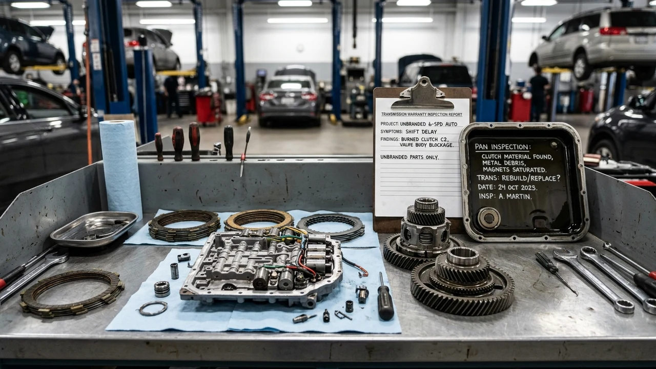 Organized clean automotive teardown workbench displaying disassembled transmission valve body, planetary gears, and technical inspection clipboard