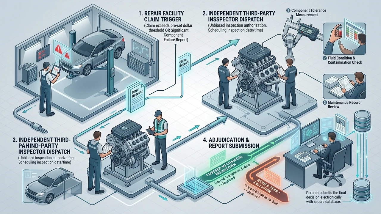 What Is a Vehicle Warranty Inspection and Why Is It Sometimes Required? 1 3D technical process diagram illustrating vehicle warranty claim inspection stages from dispatch to adjudication