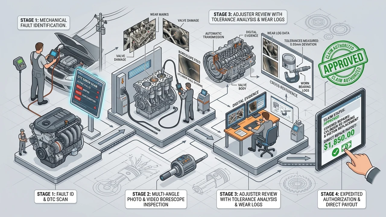 3D isometric technical diagram showing the automotive warranty claim diagnostic verification process through 4 stages