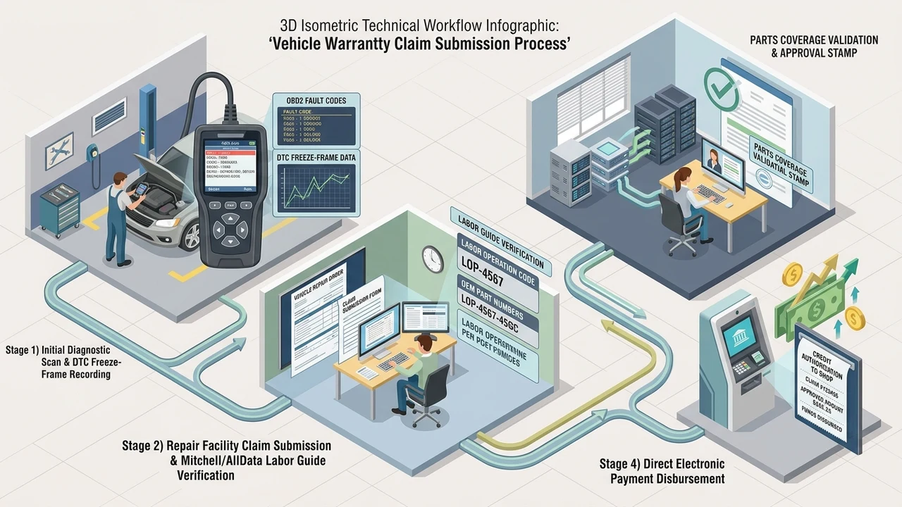 What Information Does a Repair Shop Need to Submit a Warranty Claim? 1 3D isometric workflow infographic detailing the four key stages of submitting an auto warranty claim from diagnostic scan to payment