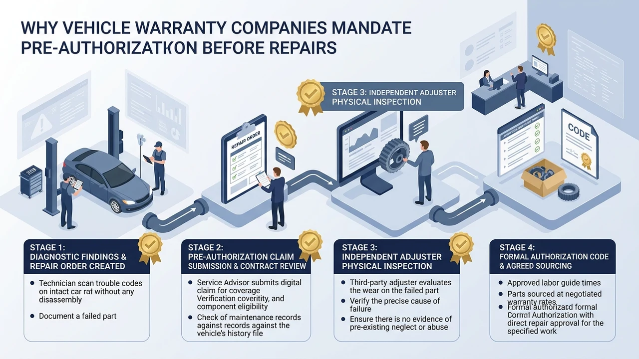 Why Do Vehicle Warranty Companies Require Pre-Authorization Before Repairs? 1 Figure 1: 3D isometric diagram mapping vehicle service contract pre-authorization stages from shop diagnosis to authorization code