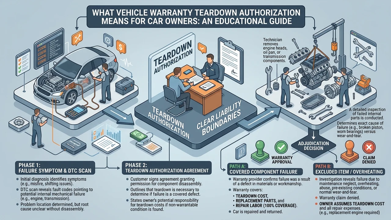 3D warranty claims process diagram showing initial diagnosis, teardown authorization agreement, root cause mechanical inspection, and final coverage adjudication