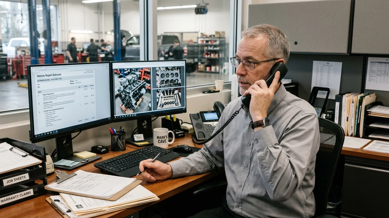 Can You Choose Your Own Repair Shop for Warranty Repairs? 2 Automotive service manager coordinating warranty claim approval and teardown photos with adjuster