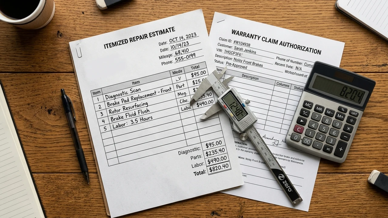 Itemized auto repair estimate and warranty claim authorization breakdown form on service desk