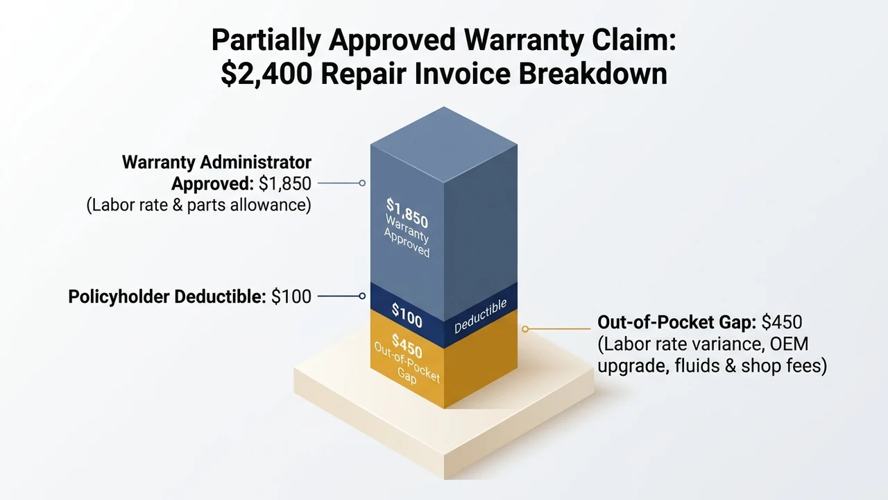 3D financial breakdown diagram explaining why a warranty claim is partially approved