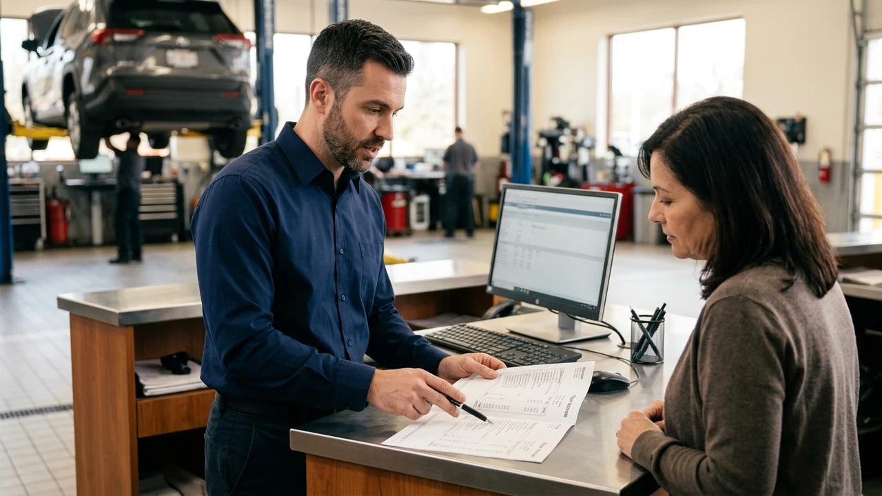 Automotive service advisor explaining warranty labor rate and part pricing columns to vehicle owner