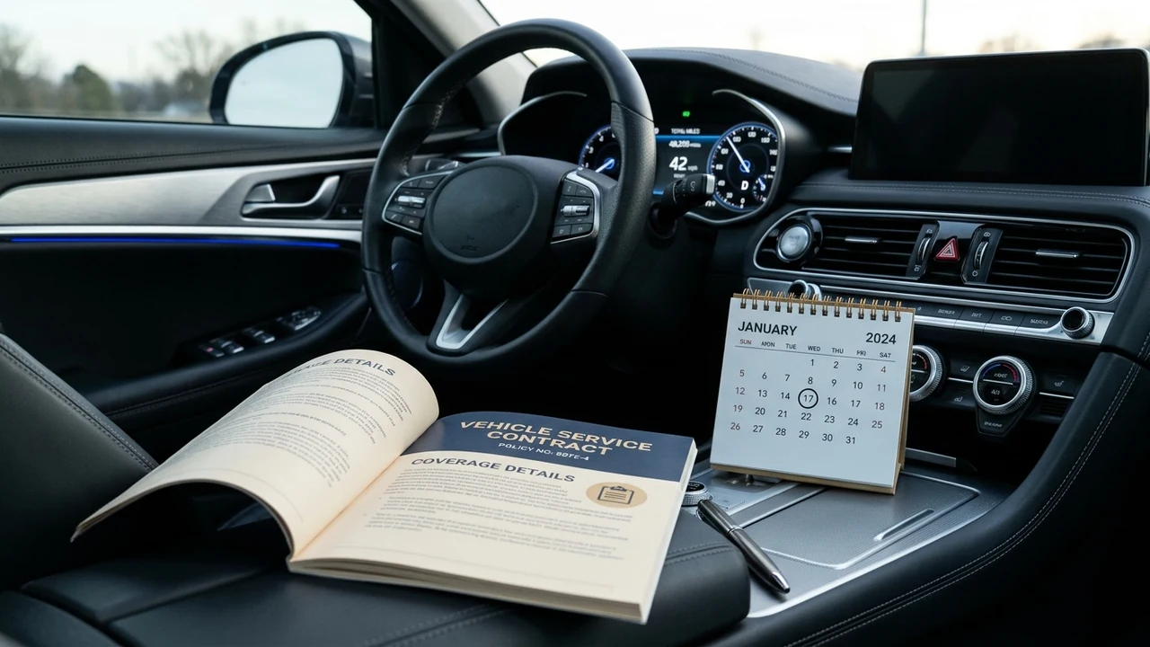 Vehicle digital odometer cluster displaying 48,250 miles beside a calendar and warranty service contract folder