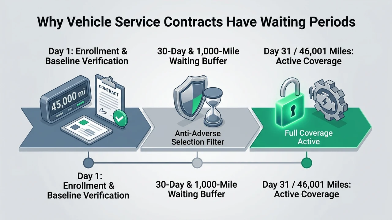 Why Vehicle Service Contracts Have Waiting Periods Before Coverage Begins 1 3D timeline infographic explaining why vehicle service contracts have 30-day and 1,000-mile waiting periods